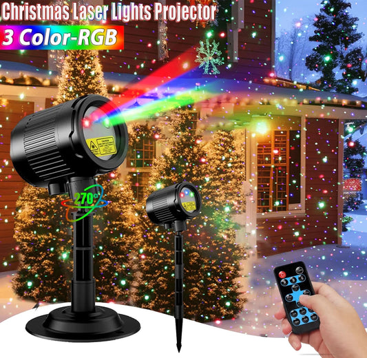 Laser Christmas Projector Lights Outdoor,  RGB 3 Color Starry Lights, Show Laser Projection Light, with RF Control, IP65 Waterproof for Decor Party Xmas Home