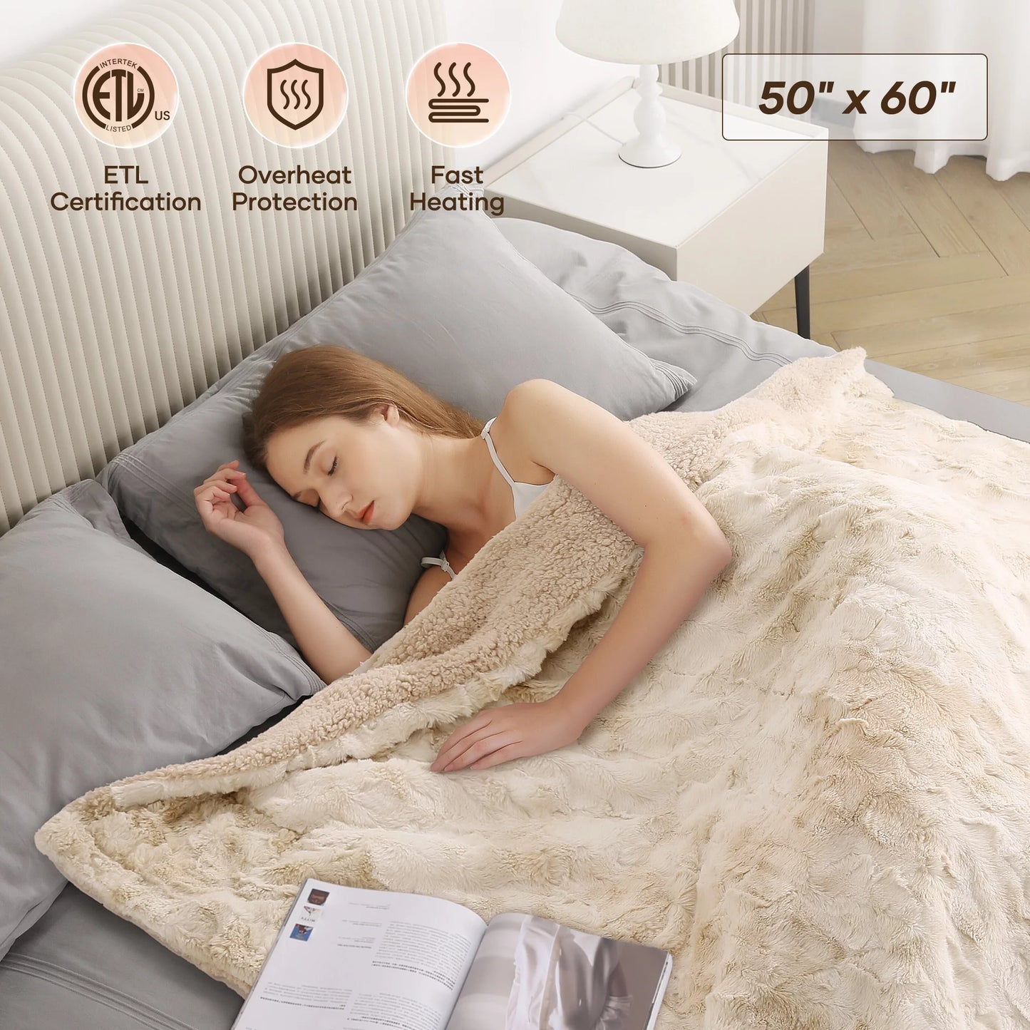 50" X 60", Soft Fur Heated Blanket with Large LED Display, 6 Heating Levels, 4 Hours Timer,